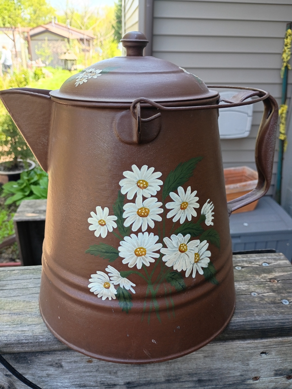 Vtg Large 12" Hand Painted Brown Floral Decorative Tea Kettle Coffee Kettle